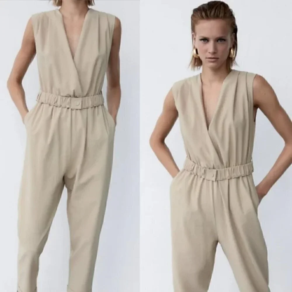 New Zara Textured Linen Blend V-Neck Sleeveless Belted Tan Jumpsuit NWT Small